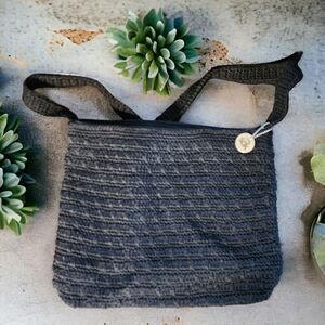 The Sak Black Macrame Crochet Knit Zip Top Hippie Boho Shoulder Bag Purse